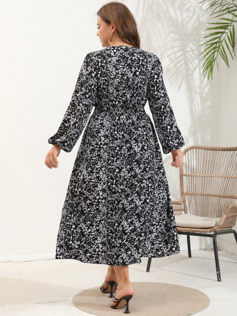 Plus Size Women's V-Neck Long Sleeve Dress with Large Flower Print - Image 15