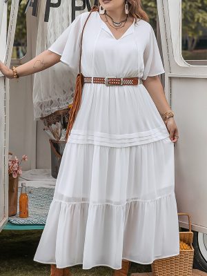 Plus Size Elegant Princess Pure White Loose Waist Woven V Neck Holiday Girls Dress