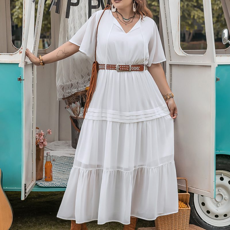 Plus Size Elegant Princess Pure White Loose Waist Woven V Neck Holiday Girls Dress