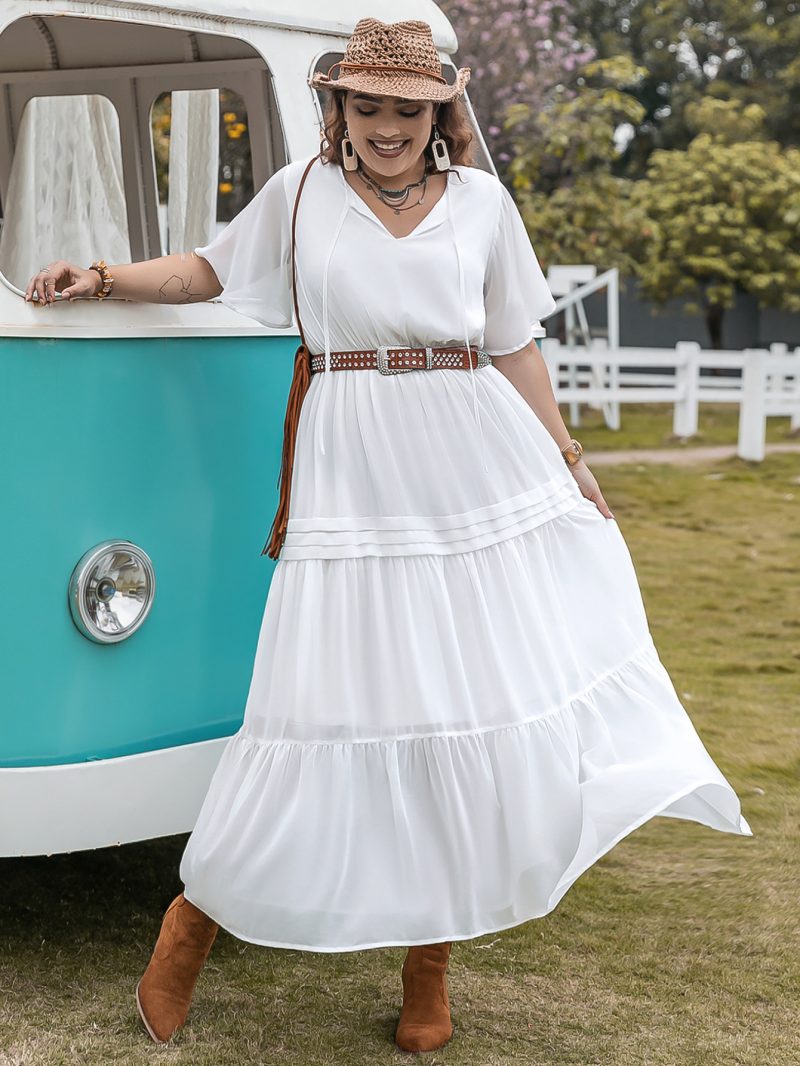 Plus Size Elegant Princess Pure White Loose Waist Woven V Neck Holiday Girls Dress - Image 2
