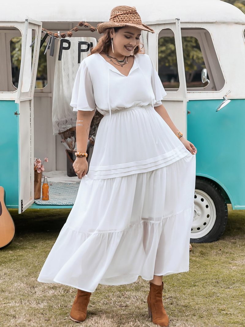 Plus Size Elegant Princess Pure White Loose Waist Woven V Neck Holiday Girls Dress - Image 3