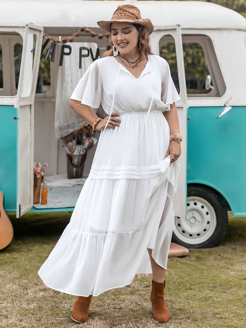 Plus Size Elegant Princess Pure White Loose Waist Woven V Neck Holiday Girls Dress - Image 4