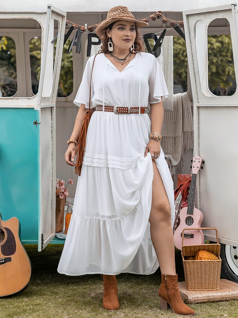 Plus Size Elegant Princess Pure White Loose Waist Woven V Neck Holiday Girls Dress - Image 5