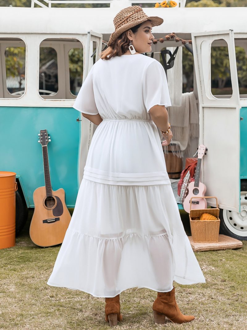 Plus Size Elegant Princess Pure White Loose Waist Woven V Neck Holiday Girls Dress - Image 6