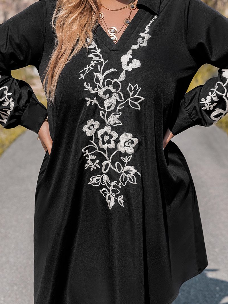 Women's Autumn/Winter Solid Color Embroidered Long-Sleeved Dress with Matching Bottoms - Image 4