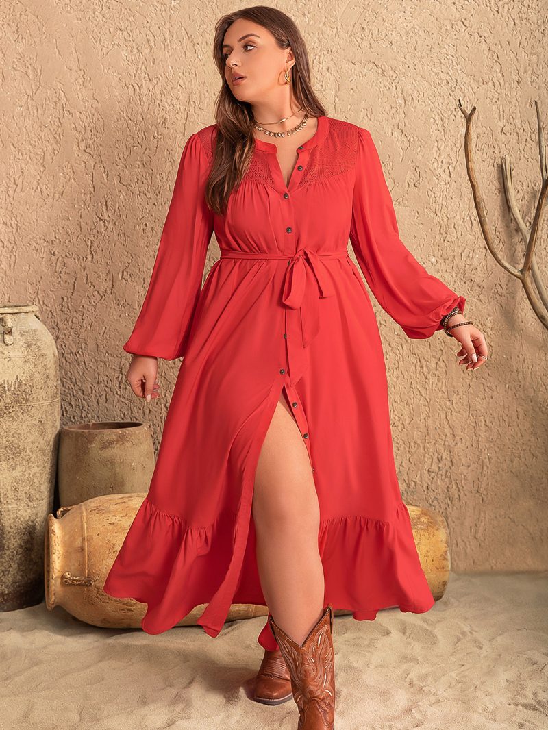 Plus Size Women's Autumn/Winter Elegant Artistic Lace-Up Decorative Long Dress - Image 2