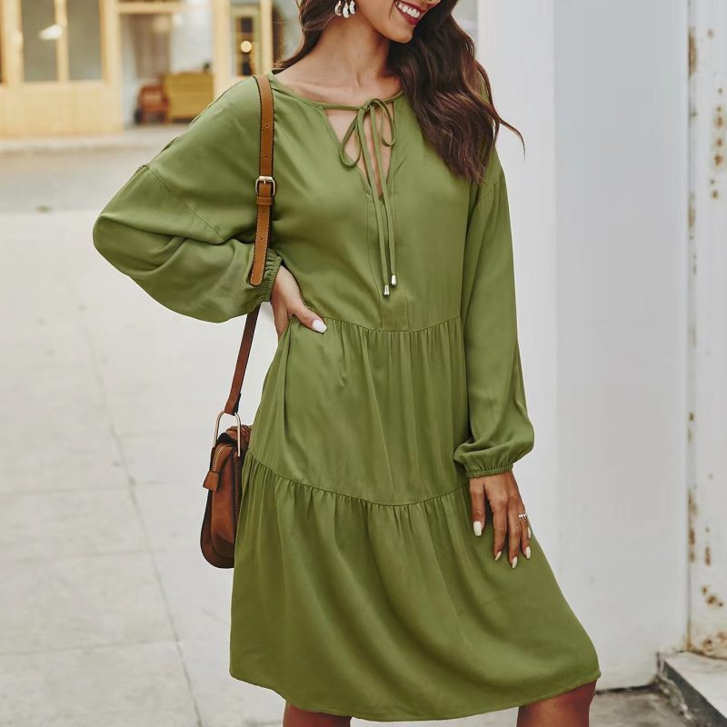 SolidStyle Mid-Length Dress: Women's V Neck