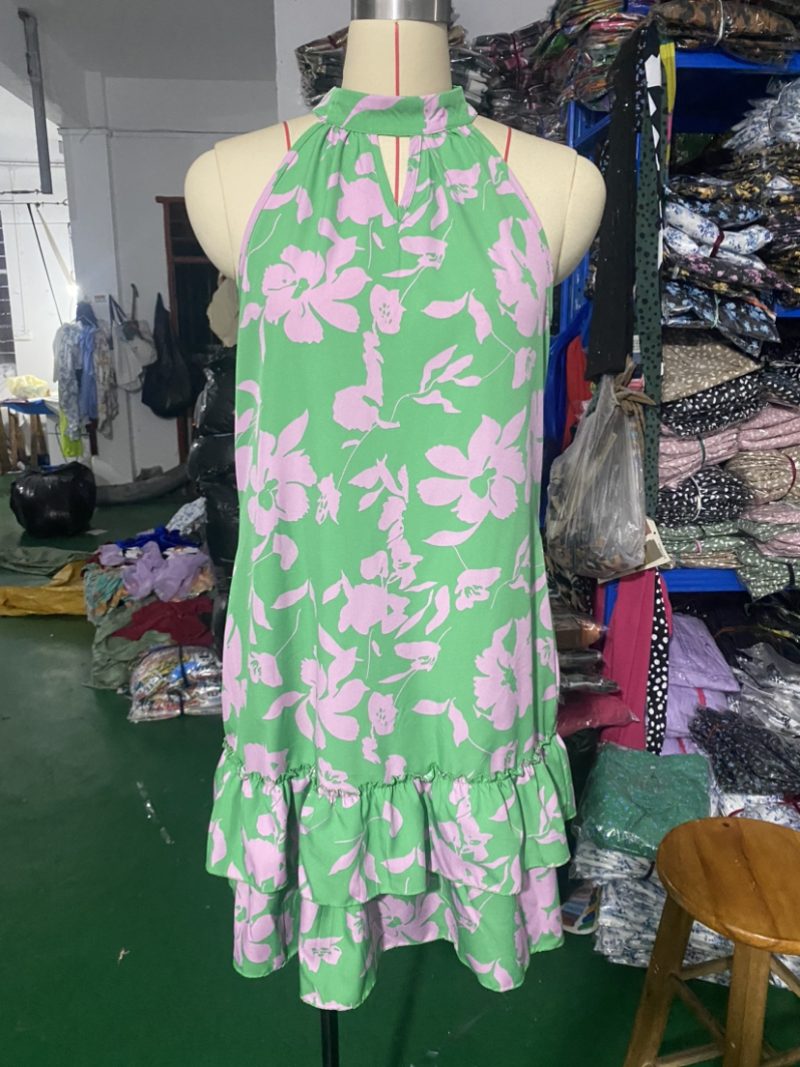 Women's Halter Sleeveless Ruffled Dress: Printed Lace-Up - Image 5