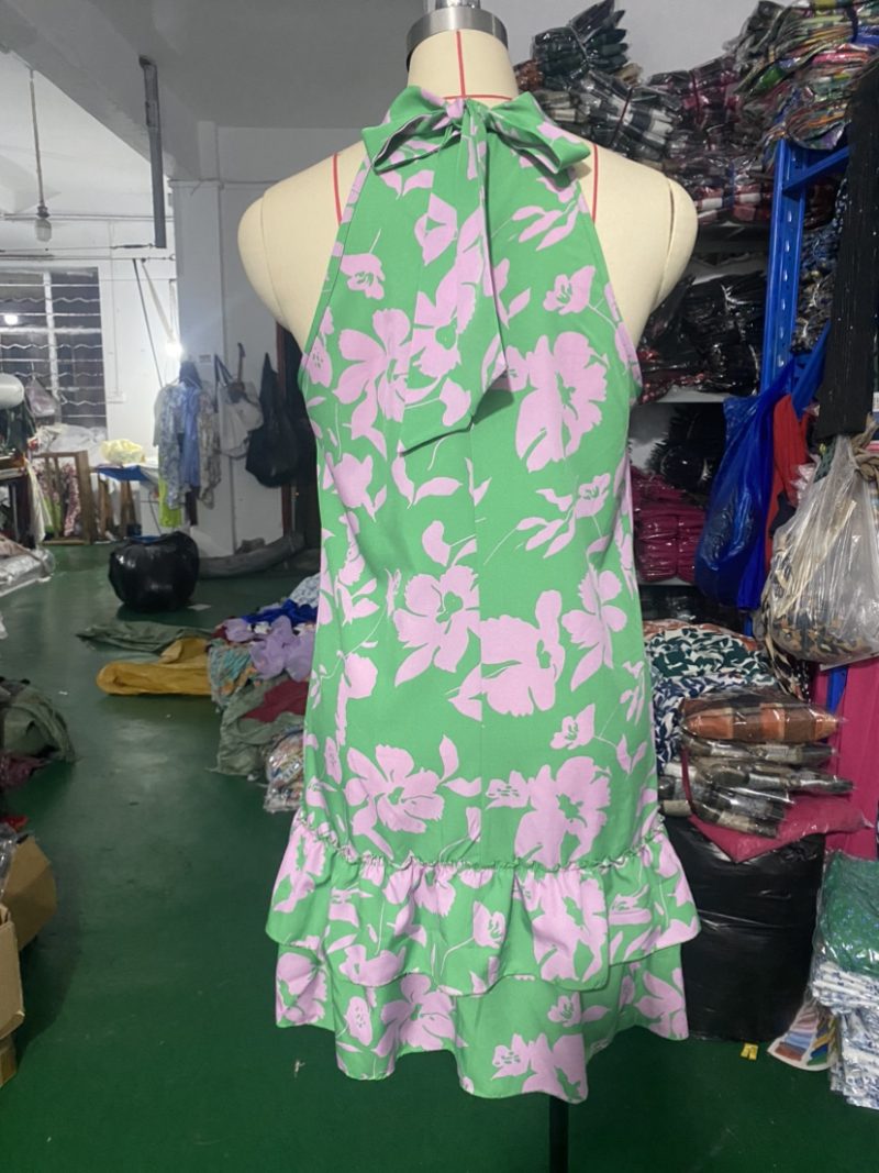 Women's Halter Sleeveless Ruffled Dress: Printed Lace-Up - Image 6