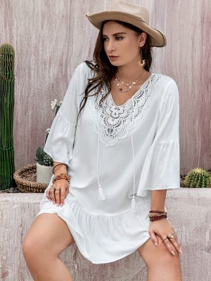 Clearance Plus Size: Loose Hollow Out Cutout Lace Dress, 3/4 Sleeve Short Dress