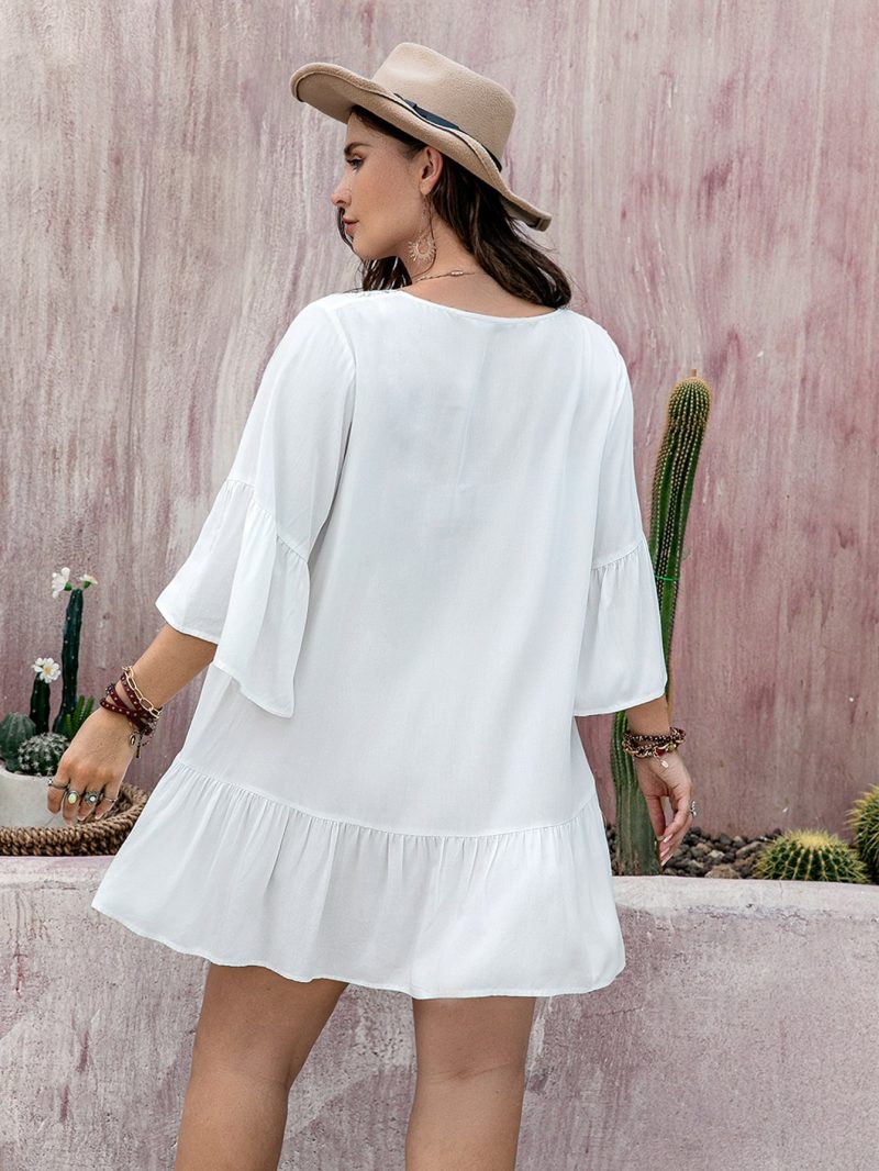 Clearance Plus Size: Loose Hollow Out Cutout Lace Dress, 3/4 Sleeve Short Dress - Image 2