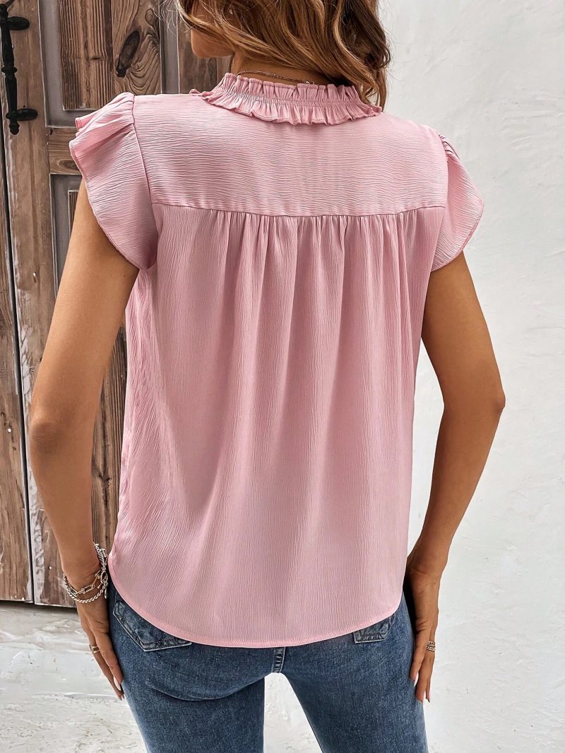 Clothing: Women's Casual V-neck Ruffled Pleated Ruffle Sleeve Top - Image 4