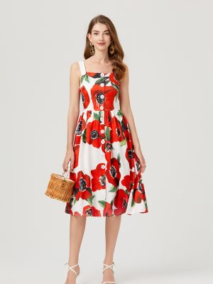 Summer Vacation Floral Cami Dress: Single Breasted