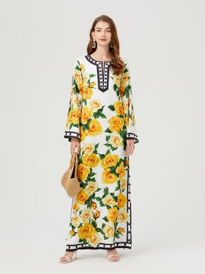 Spring/Fall Floral Button A-line Maxi Dress: Women’s Elegant Fashion”