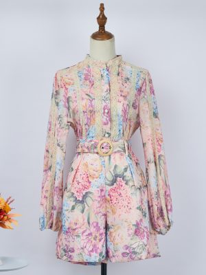 Spring/Autumn Print Two-Piece Single Breasted Shirt and Shorts Set with Belt