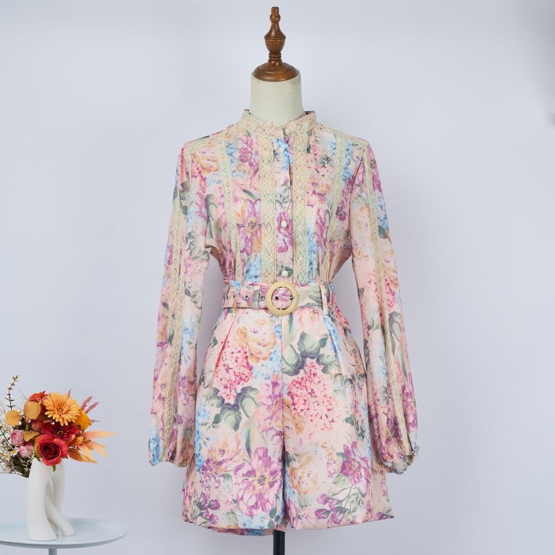 Spring/Autumn Print Two-Piece Single Breasted Shirt and Shorts Set with Belt