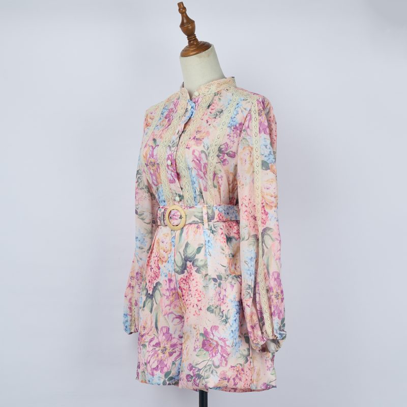 Spring/Autumn Print Two-Piece Single Breasted Shirt and Shorts Set with Belt - Image 2