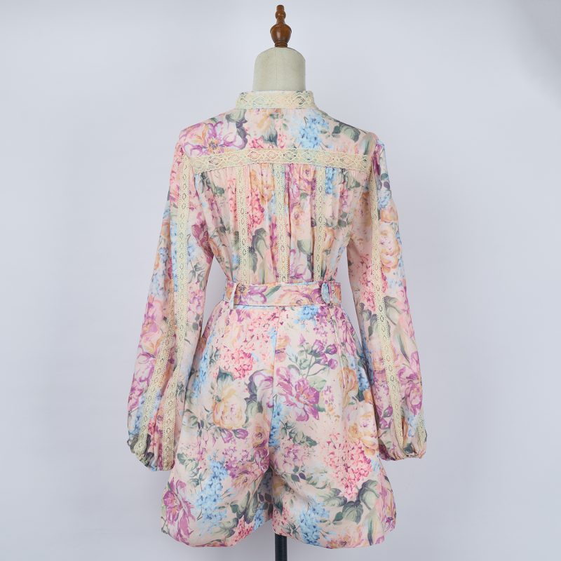 Spring/Autumn Print Two-Piece Single Breasted Shirt and Shorts Set with Belt - Image 3