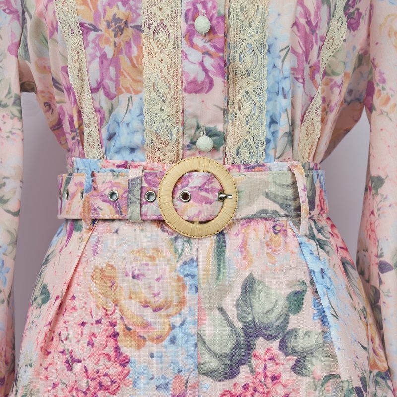 Spring/Autumn Print Two-Piece Single Breasted Shirt and Shorts Set with Belt - Image 5