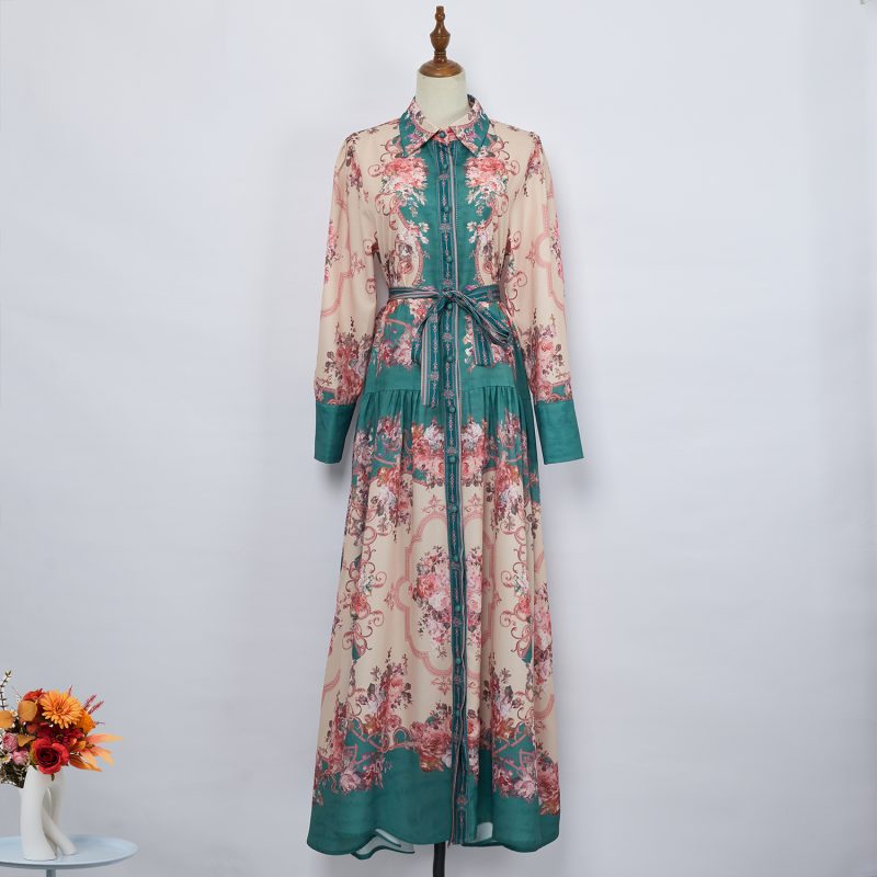 Spring Printed Lapel Maxi Dress: Long Dress, Lace-Up
