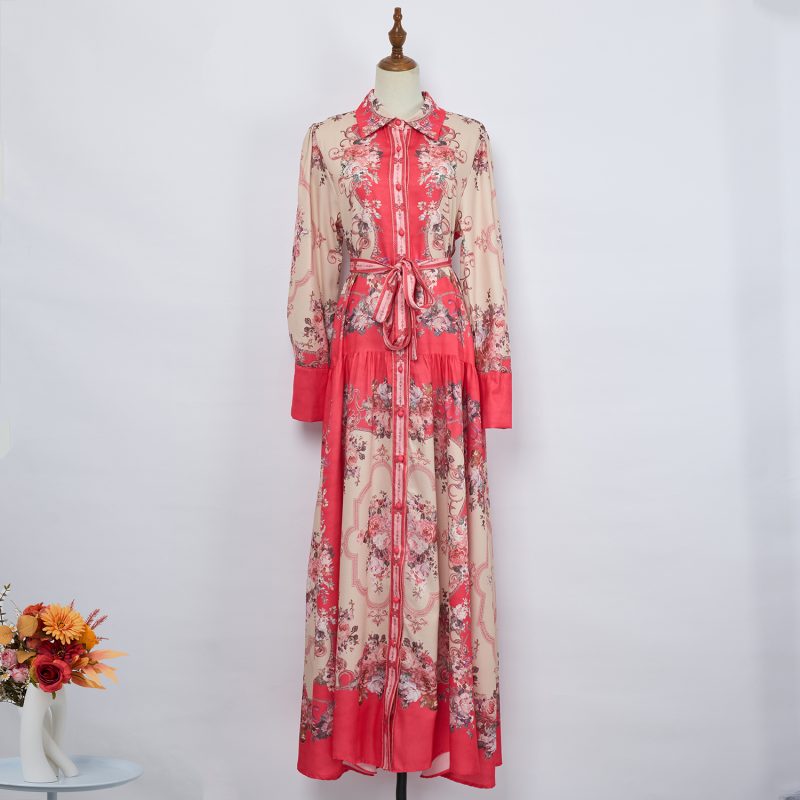 Spring Printed Lapel Maxi Dress: Long Dress, Lace-Up - Image 2