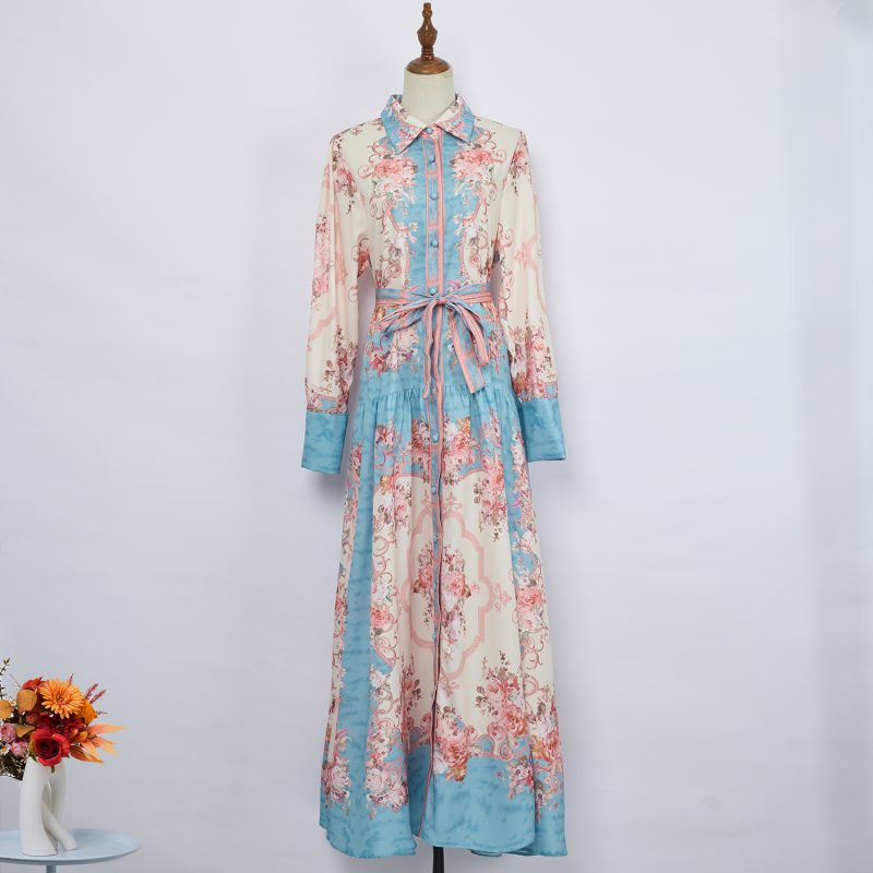 Spring Printed Lapel Maxi Dress: Long Dress, Lace-Up - Image 4
