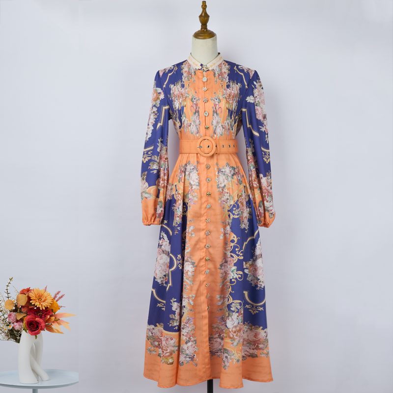 Spring and Autumn Floral Daily Maxi Dress: Long Sleeve