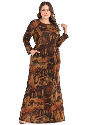 Plus Size Round Neck Vintage Floral Print Long Sleeves Pocket Maxi Dress