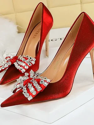 Eco Rhinestone Satins Pointed High-heels