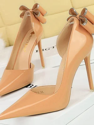 Eco Patent Leather Rear Rhinestone Bowknot High Heels