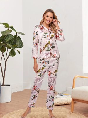 Artificial Silk Long-Sleeved Trousers Home Wear Pajamas: Women’s Exclusive