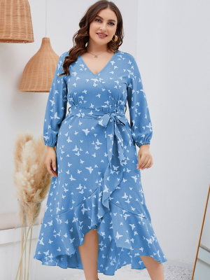 Butterfly Beauty: Plus Size Casual Dress with Butterfly Print, Ruffled Hem, and Tied V-Neck, Perfect for Autumn and Spring