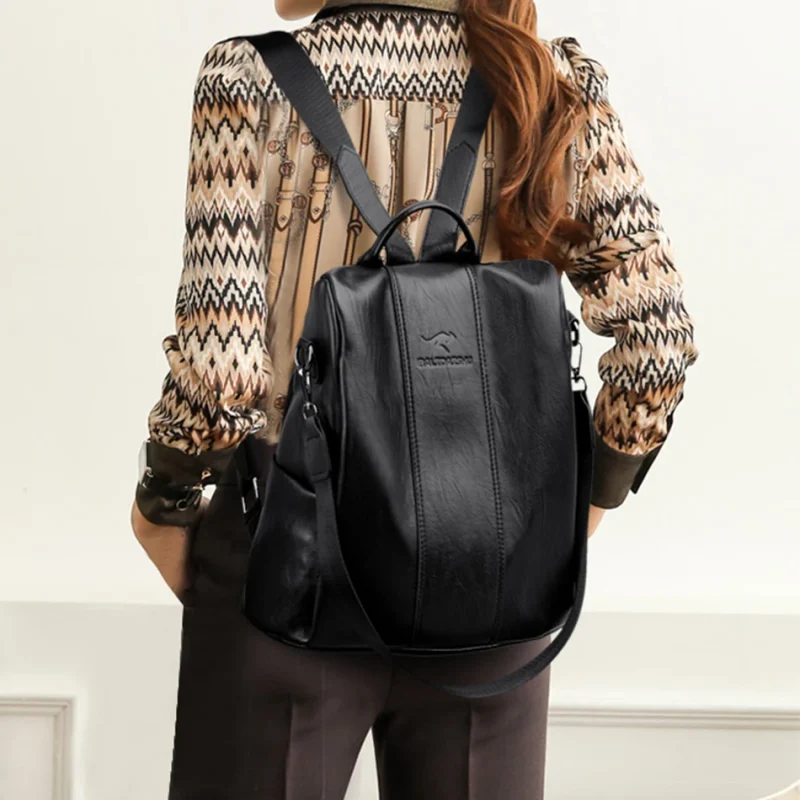 Anti-theft Leather Backpack Vintage Shoulder  Large Capacity Travel Rucksack - Image 2