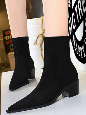 Eco Black Pointed Toe Thick Heel Boots