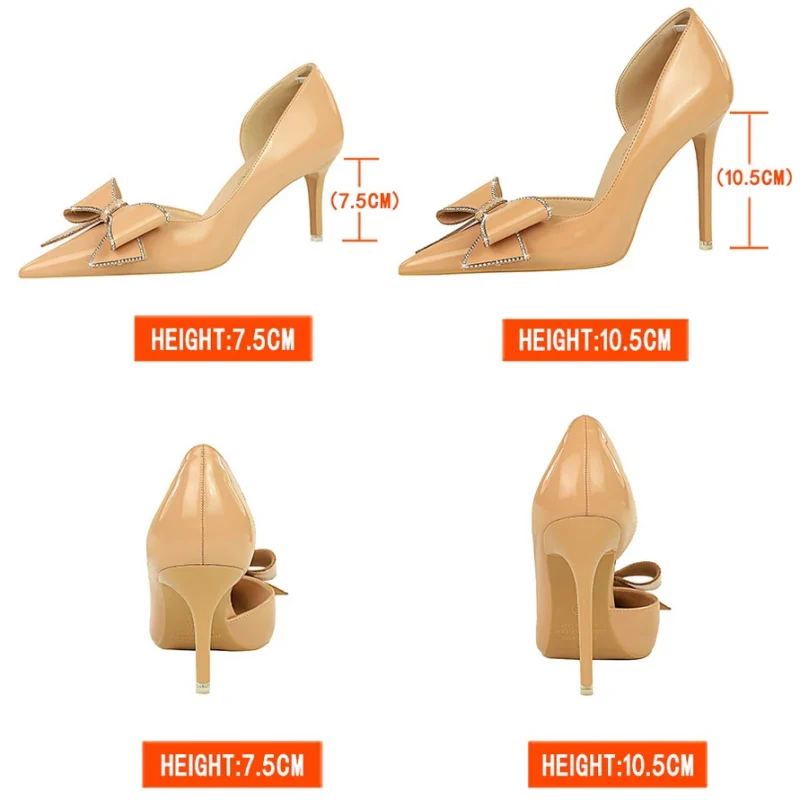 Bow Knot Rhinestone Patent Leather High Heels - Image 3
