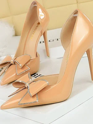 Bow Knot Rhinestone Patent Leather High Heels