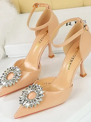 Patent Leather Buckle Rhinestone High Heels