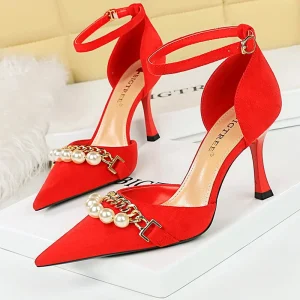 Eco Pearl Metal Chain Suede Kitten Heels