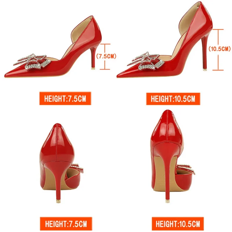 Red Patent Leather Bowknot Rhinestone Heels - Image 3