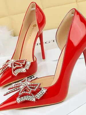 Red Patent Leather Bowknot Rhinestone Heels