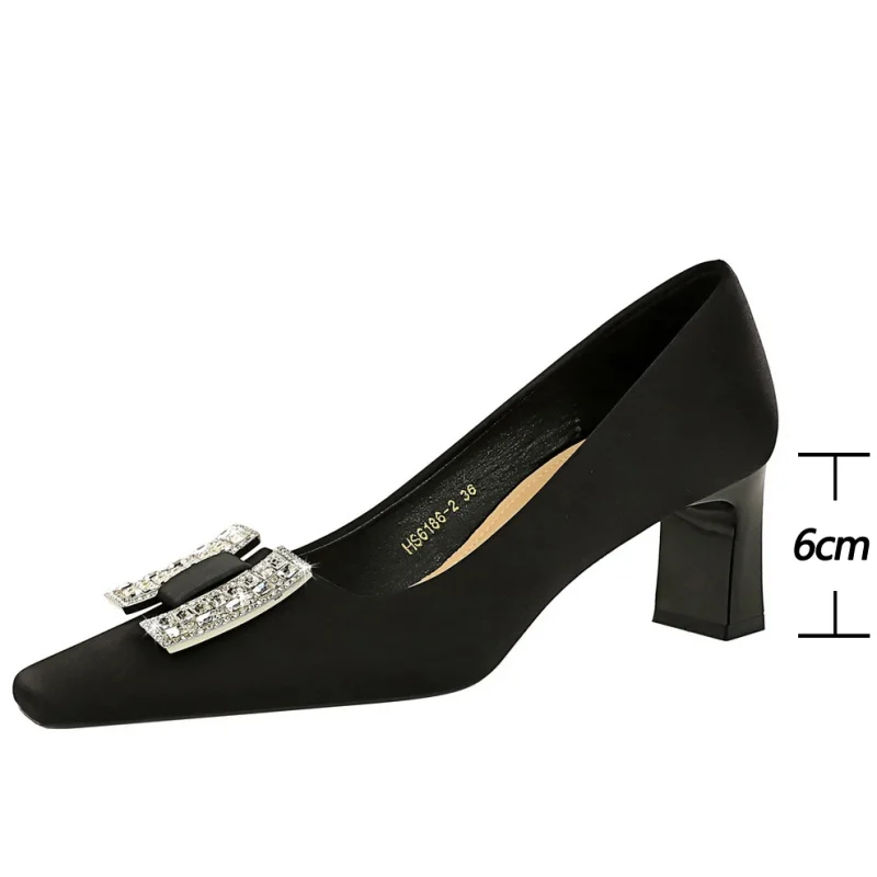 Thick Rhinestone Kitten Office Square Head Pumps - Image 3