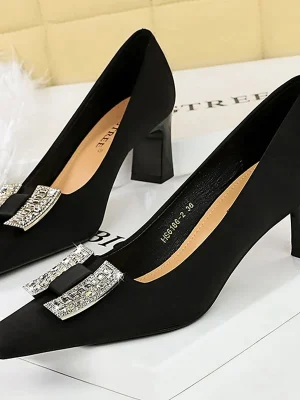 Thick Rhinestone Kitten Office Square Head Pumps