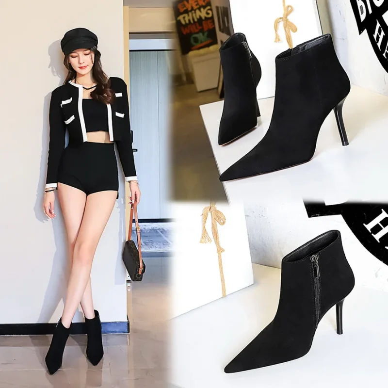 Eco Suede Ankle Pointed Stilettos High-heeled Boots - Image 6