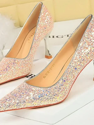 Eco Shiny Sequin Cloth Metal Heels