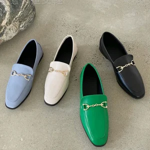 Green Casual Leather Flats Pumps