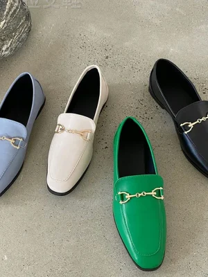 Green Casual Leather Flats Pumps