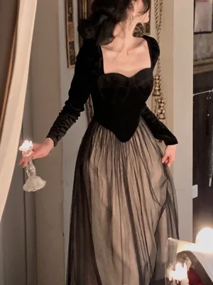 Korean Style Vintage Velvet Long Sleeve Midi Dress