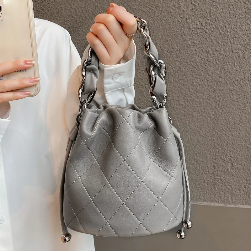 Genuine Leather Quilted Drawstring Bucket Bag - Image 3