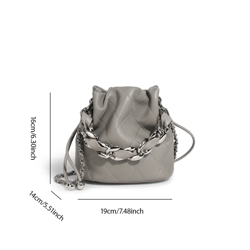 Genuine Leather Quilted Drawstring Bucket Bag - Image 4