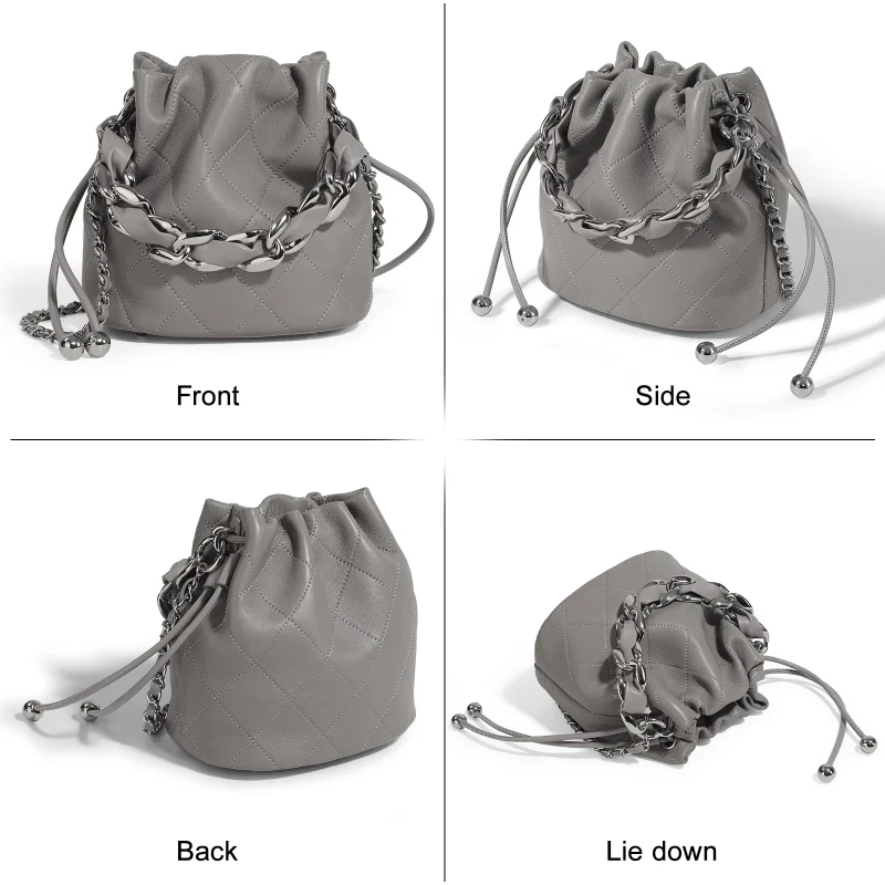 Genuine Leather Quilted Drawstring Bucket Bag - Image 5